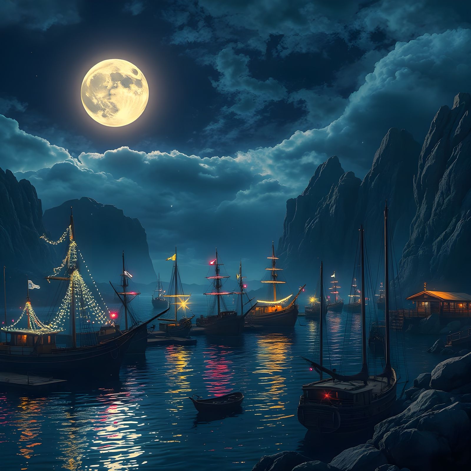 Majestic Harbor Under Moonlight in Maximalist Style
