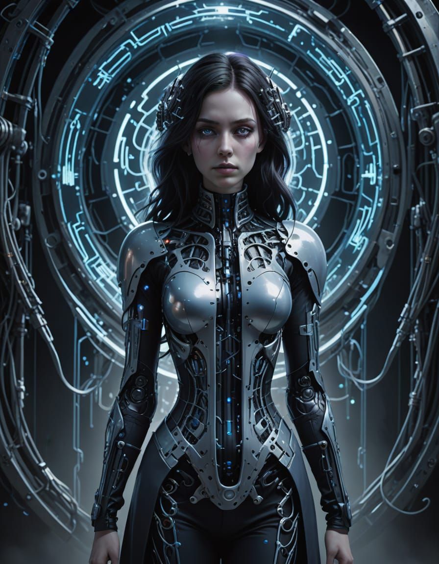 Ethereal Cyborg Goddess in Biomechanical Sanctuary