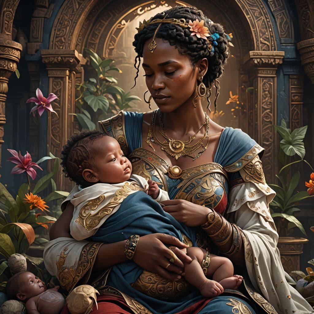 Baroque Style: Young Woman Breastfeeding Baby
