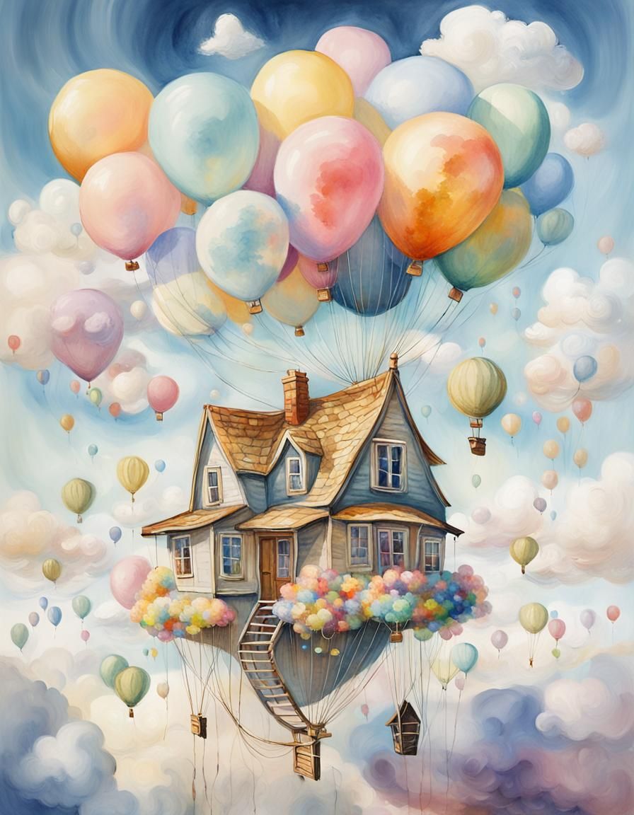 Magical House Floats with Balloons in Surrealist Style