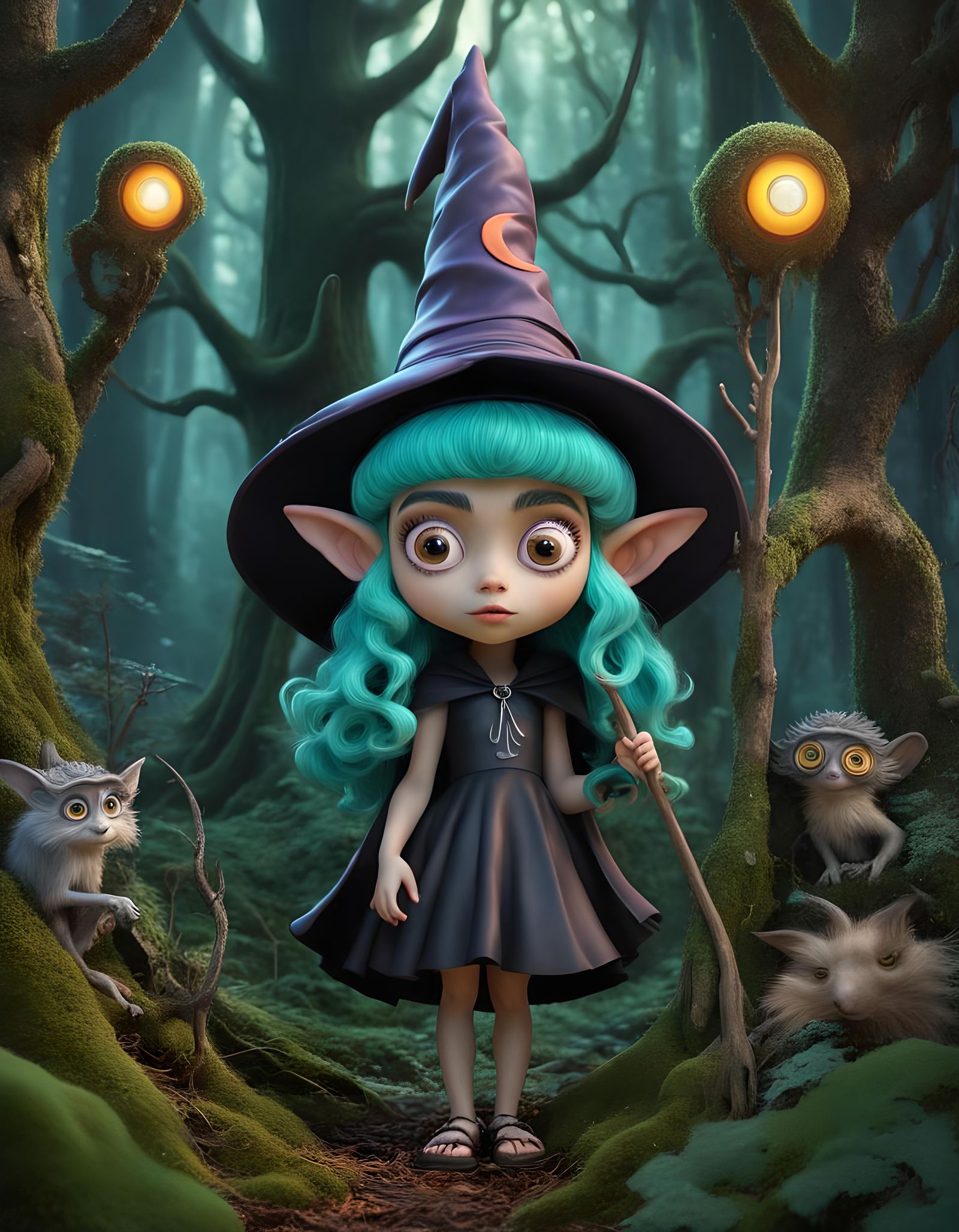 Adorable Witch Heroine in Magical Forest, 3D Render