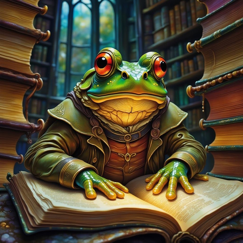 Frog in Ornate Library, Whimsical Fantasy Art