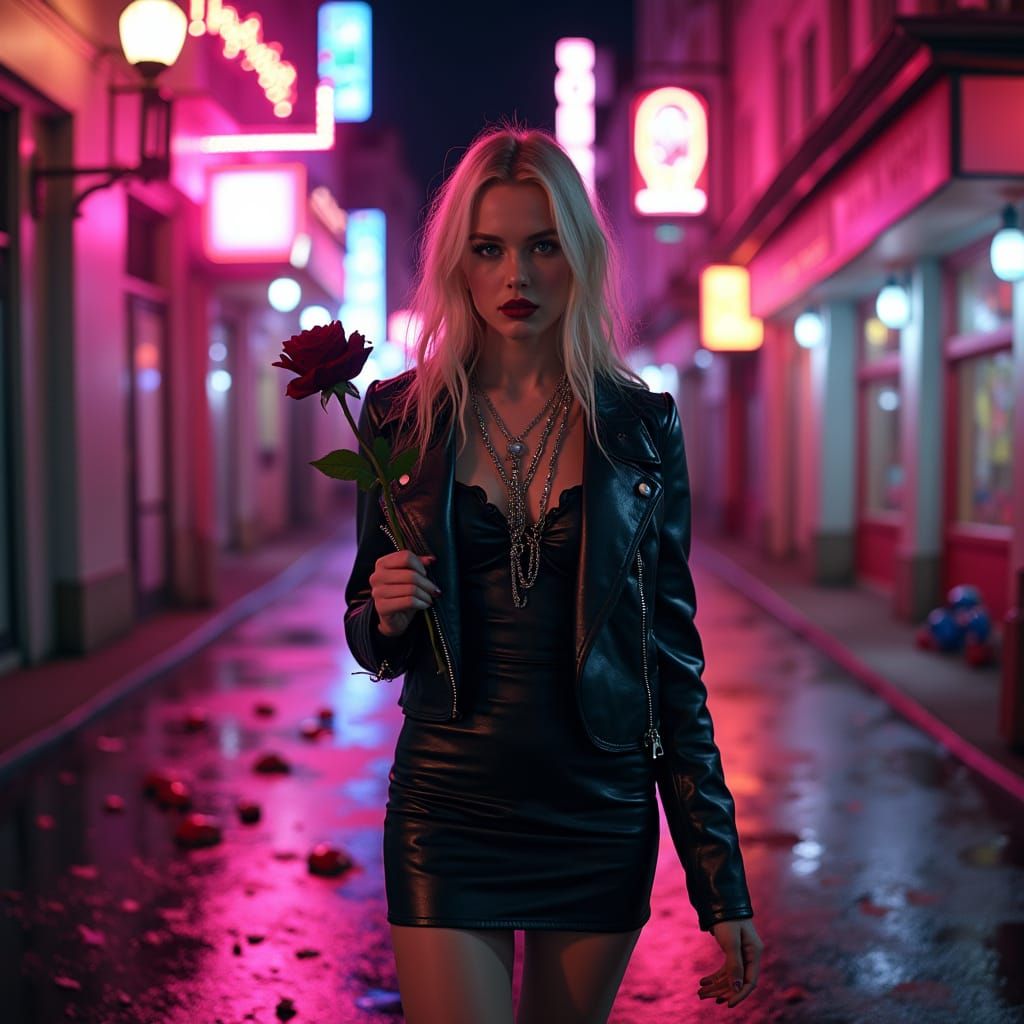 Gothic Glamour: Woman with Rose on Neon Street