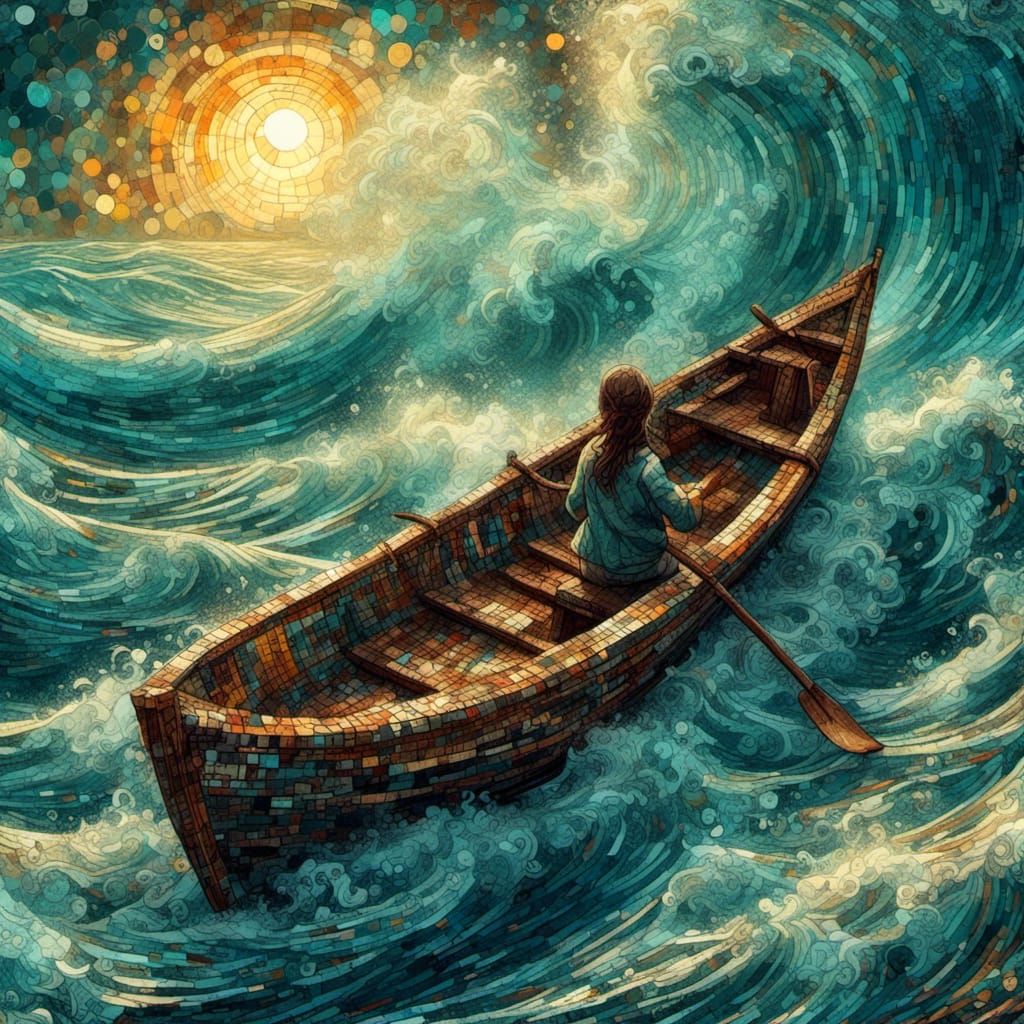 Mosaic Art: Small Boat on Stormy Ocean
