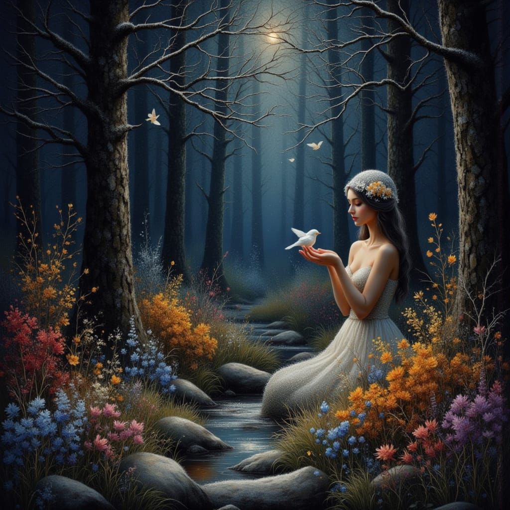 Winter Woman with Snowbird in Scratch Art Style