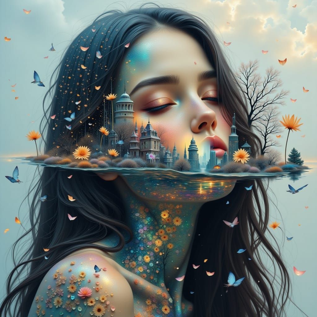 Surreal Woman Merged with Cityscape in Pastel Tones