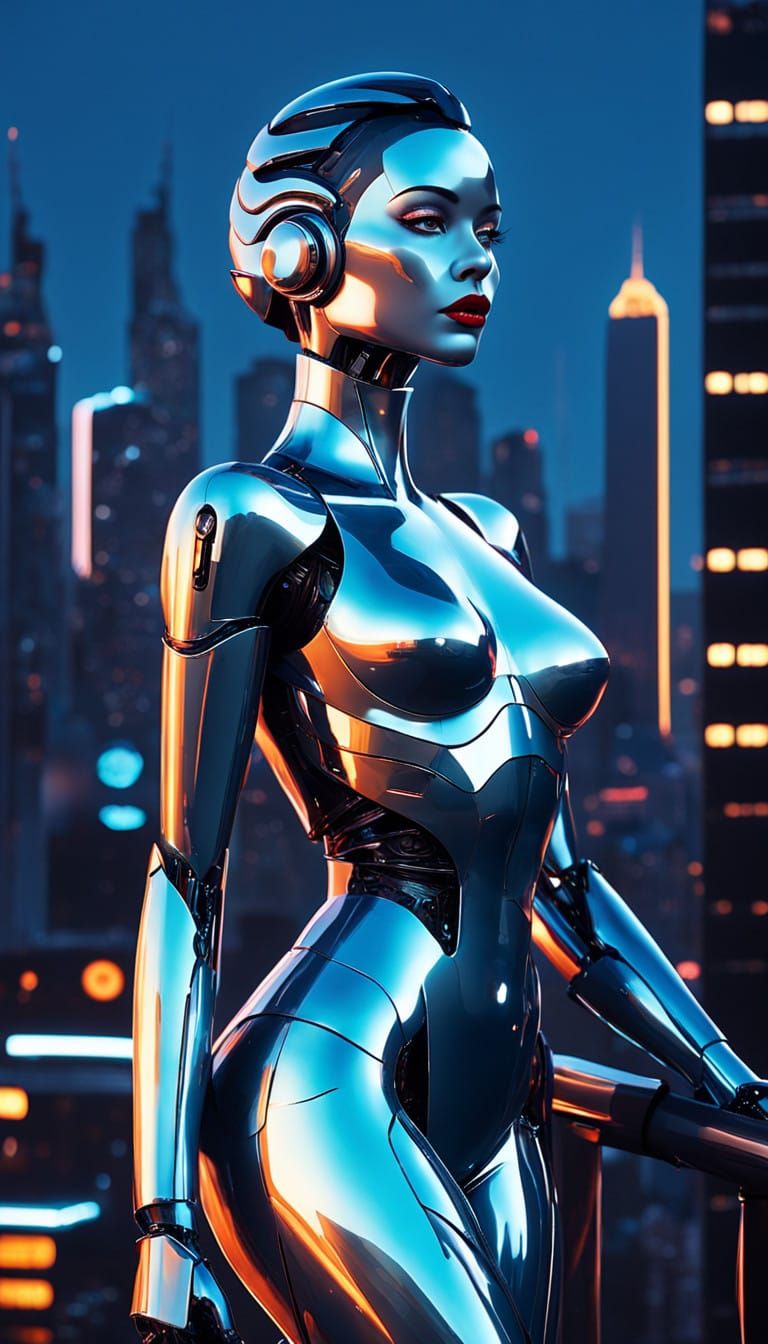 Glamorous Retro Sci-Fi Robot Goddess in Dark Cityscape
