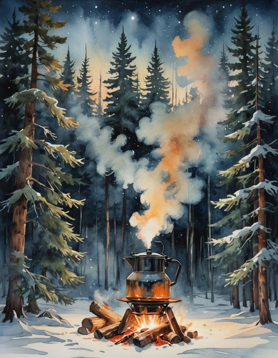 Watercolor Campfire Coffee Under Starry Winter Sky