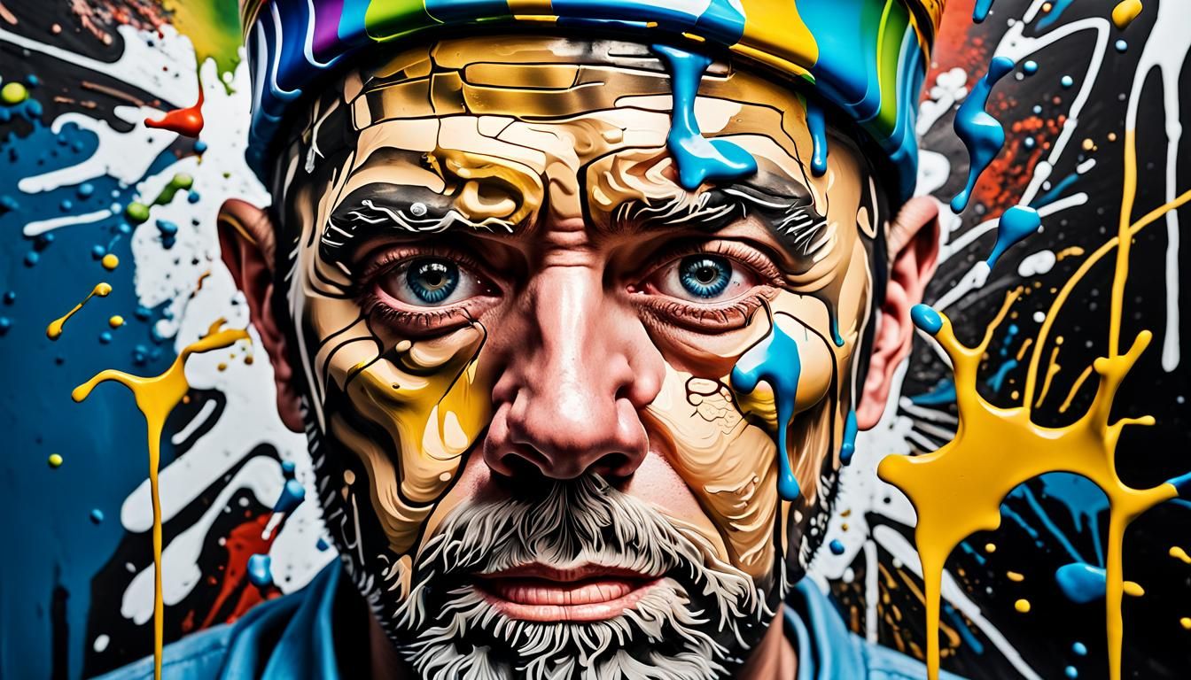 psychopath wearing a metallic funnel on the head graffiti art, splash art, street art, spray paint, oil gouache melting,...