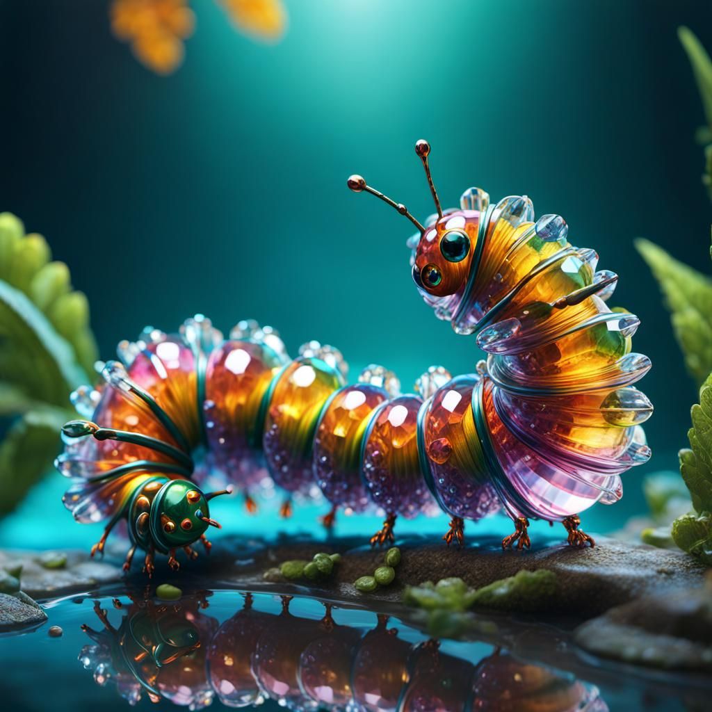 Crystal Caterpillar Beside Watersplash: 3D Rendered Fantasy