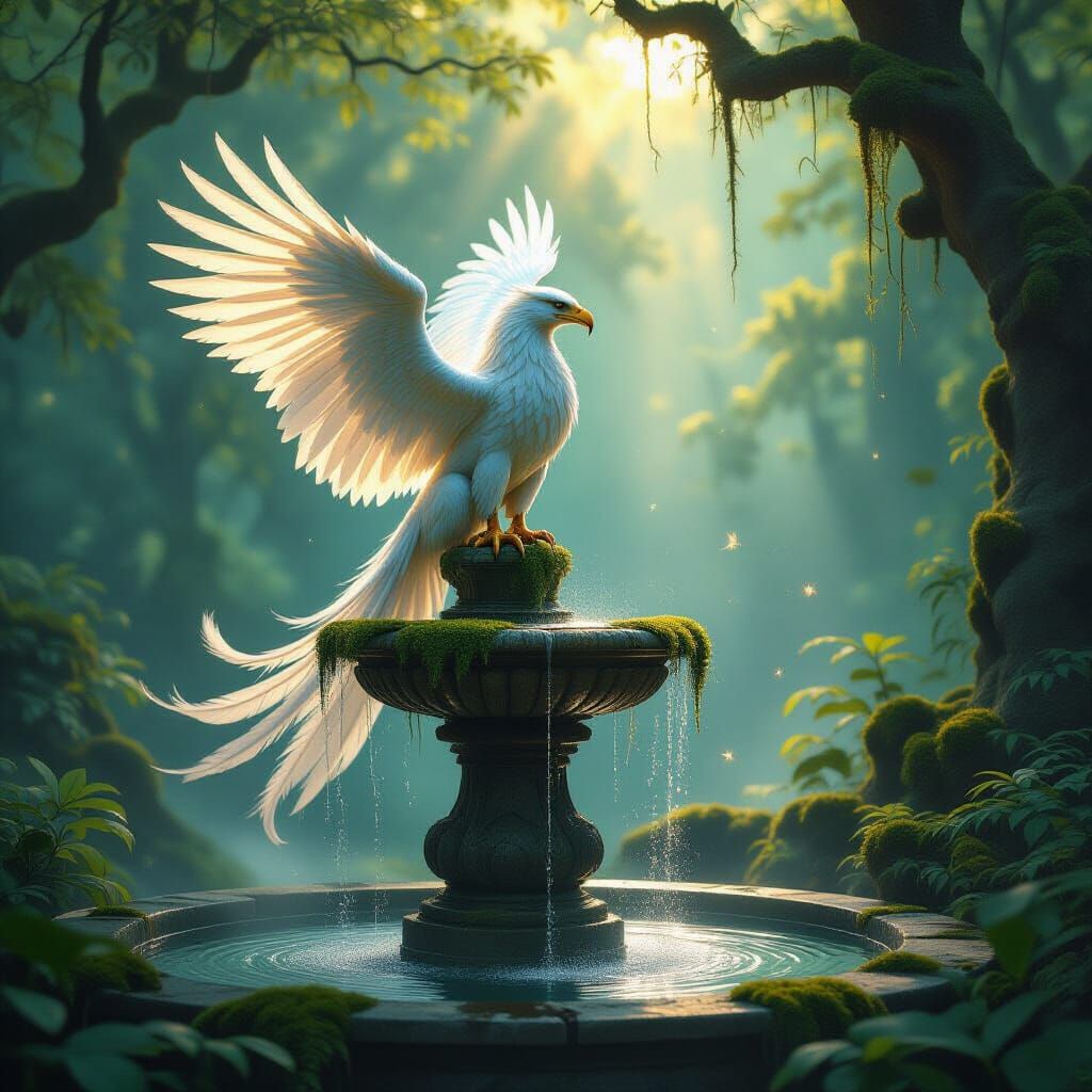 Griffin on Ancient Fountain in Mystical Forest