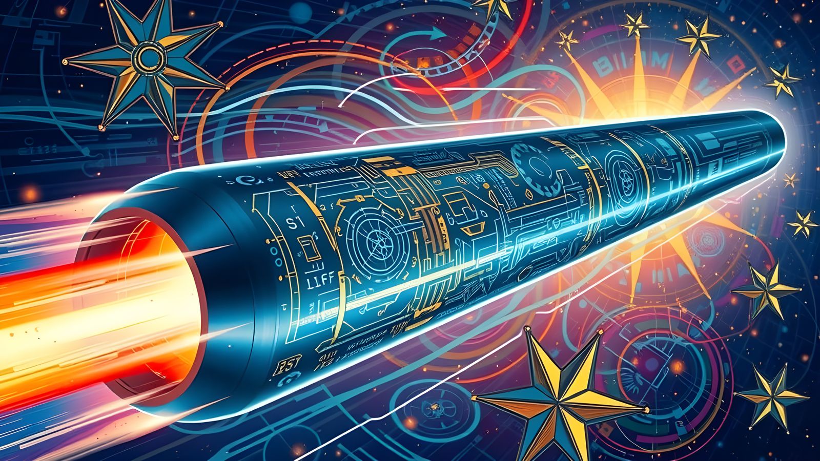 Blue-Black Cylinder Races Through Impasto Starry Cosmos