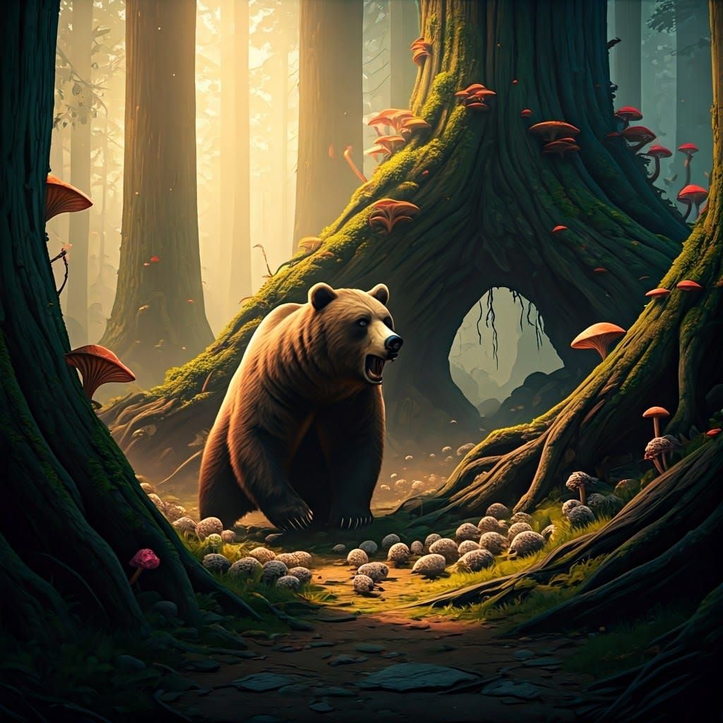 Grizzly Bear and Lemmings in Mystical Forest