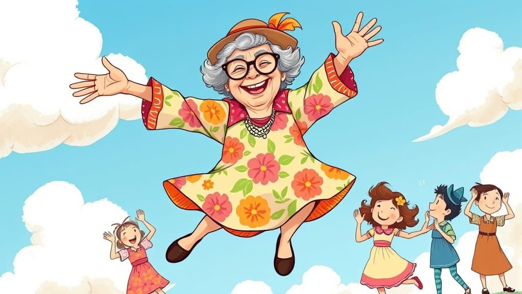 Whimsical Grandma Soars Through Bright Blue Sky
