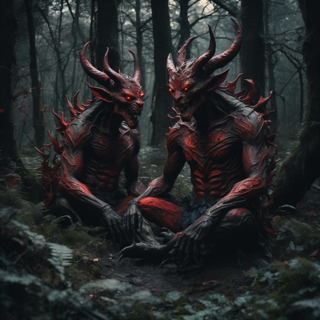Demonic Friends in Mystical Forest, Mixed Media Style
