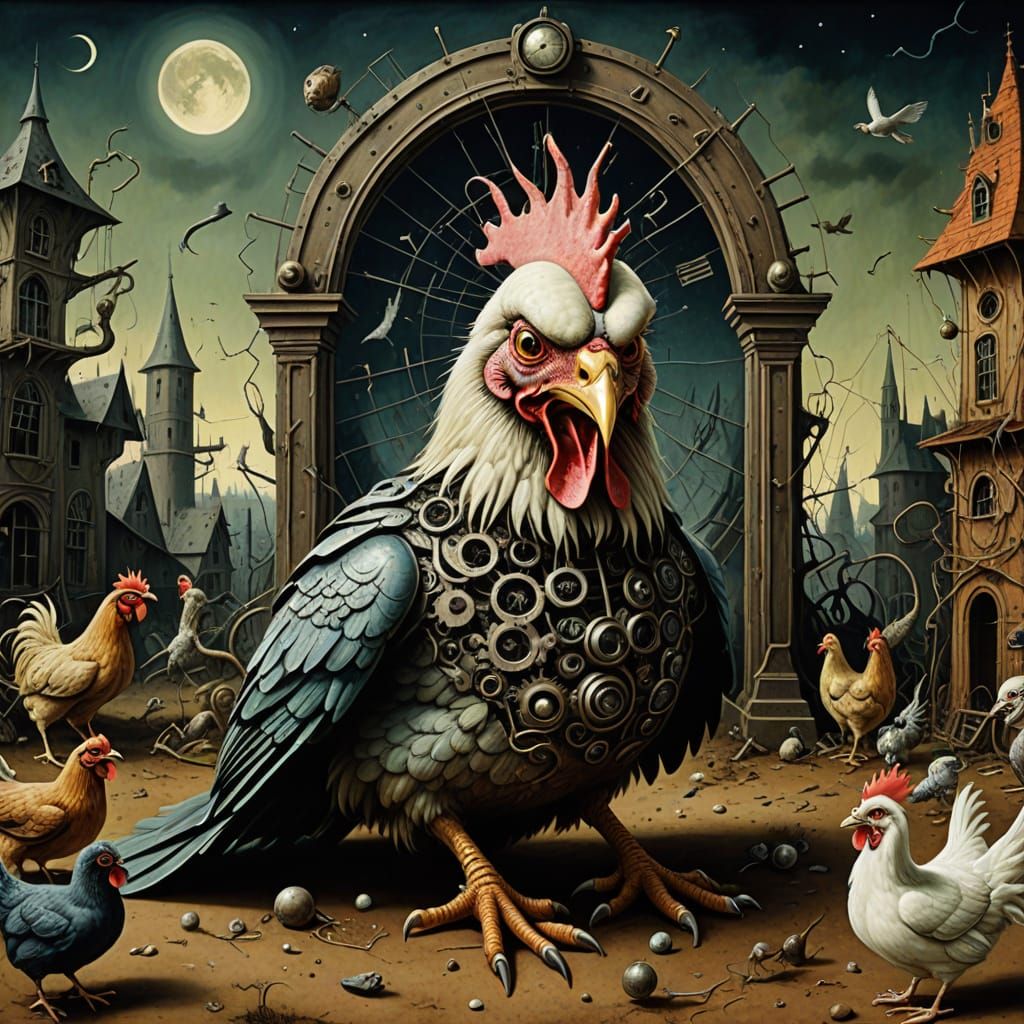 Futuristic Super Chicken Chaos in Whimsical Cartoon Style