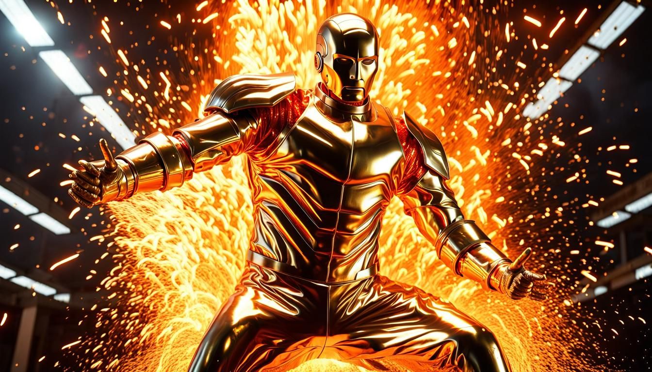 Golden Man Emerges from Molten Metal Explosion