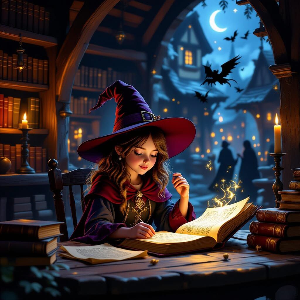 Enchanting Young Witch Studying Magic in a Tavern