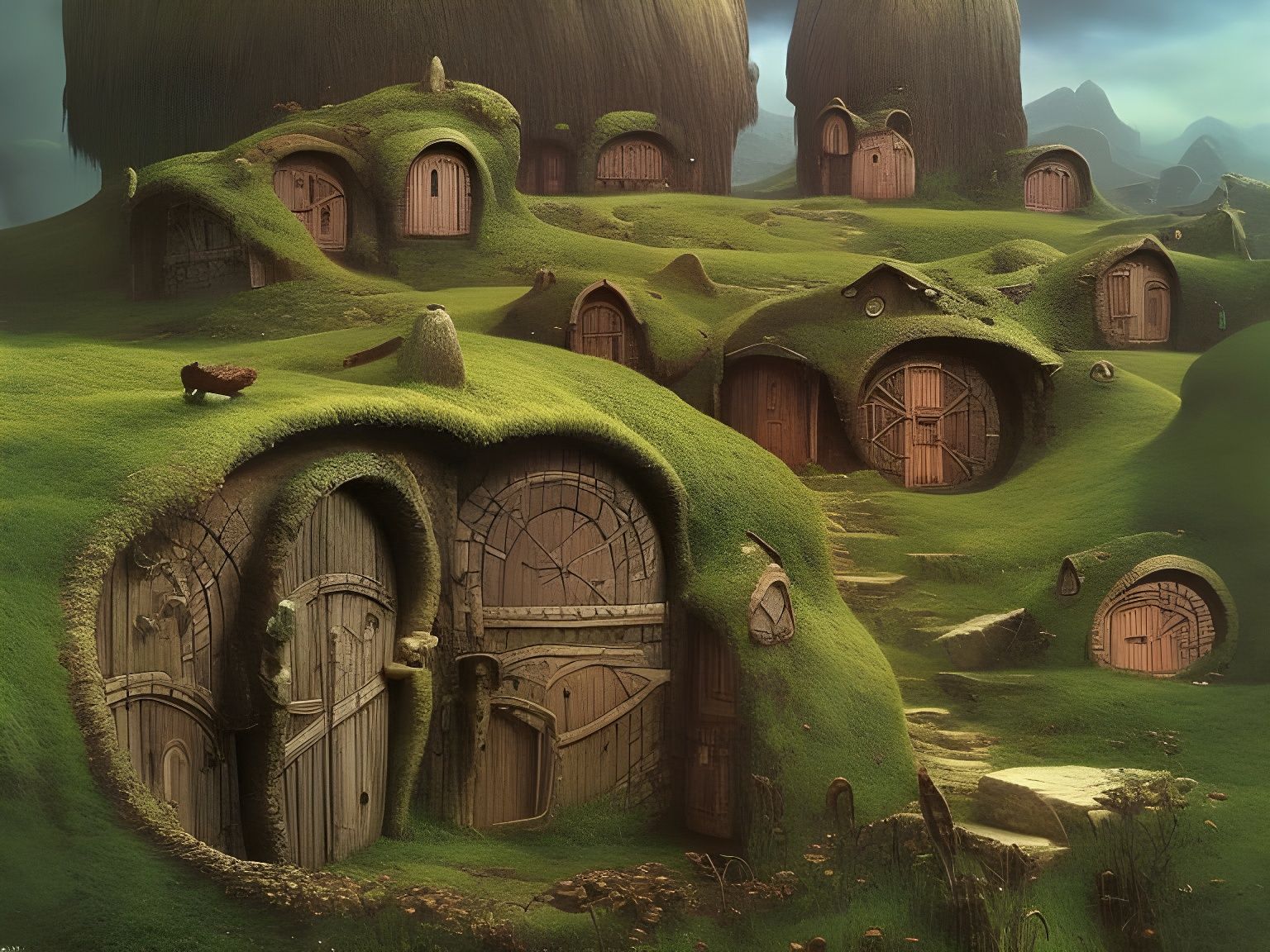 Detailed Hobbit Village in Dark Surrealist Style