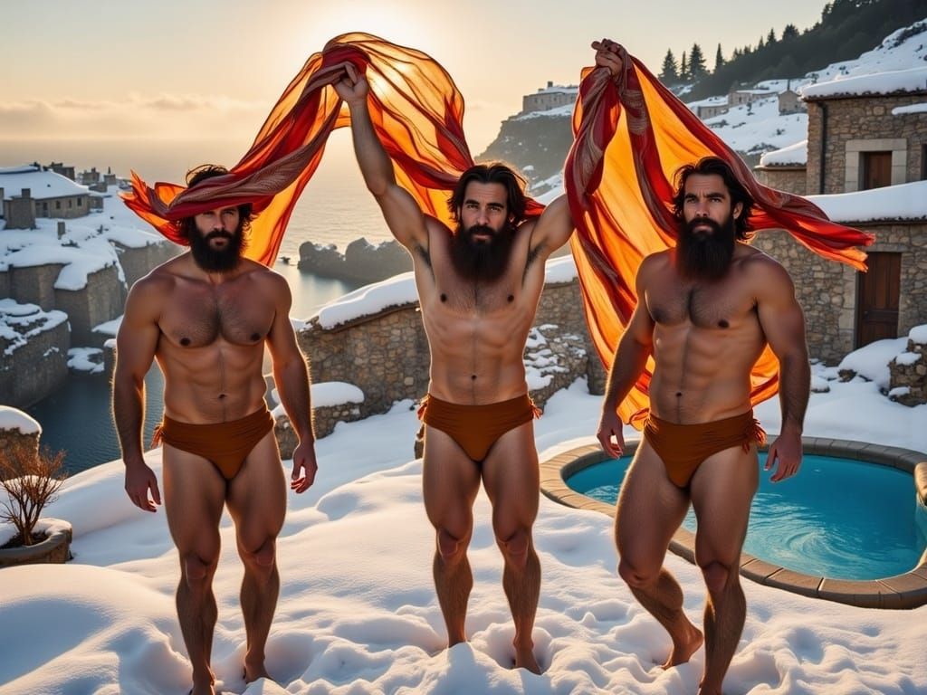Hirsute Men in Winter Village, Throwing Scarves at Golden Ho...