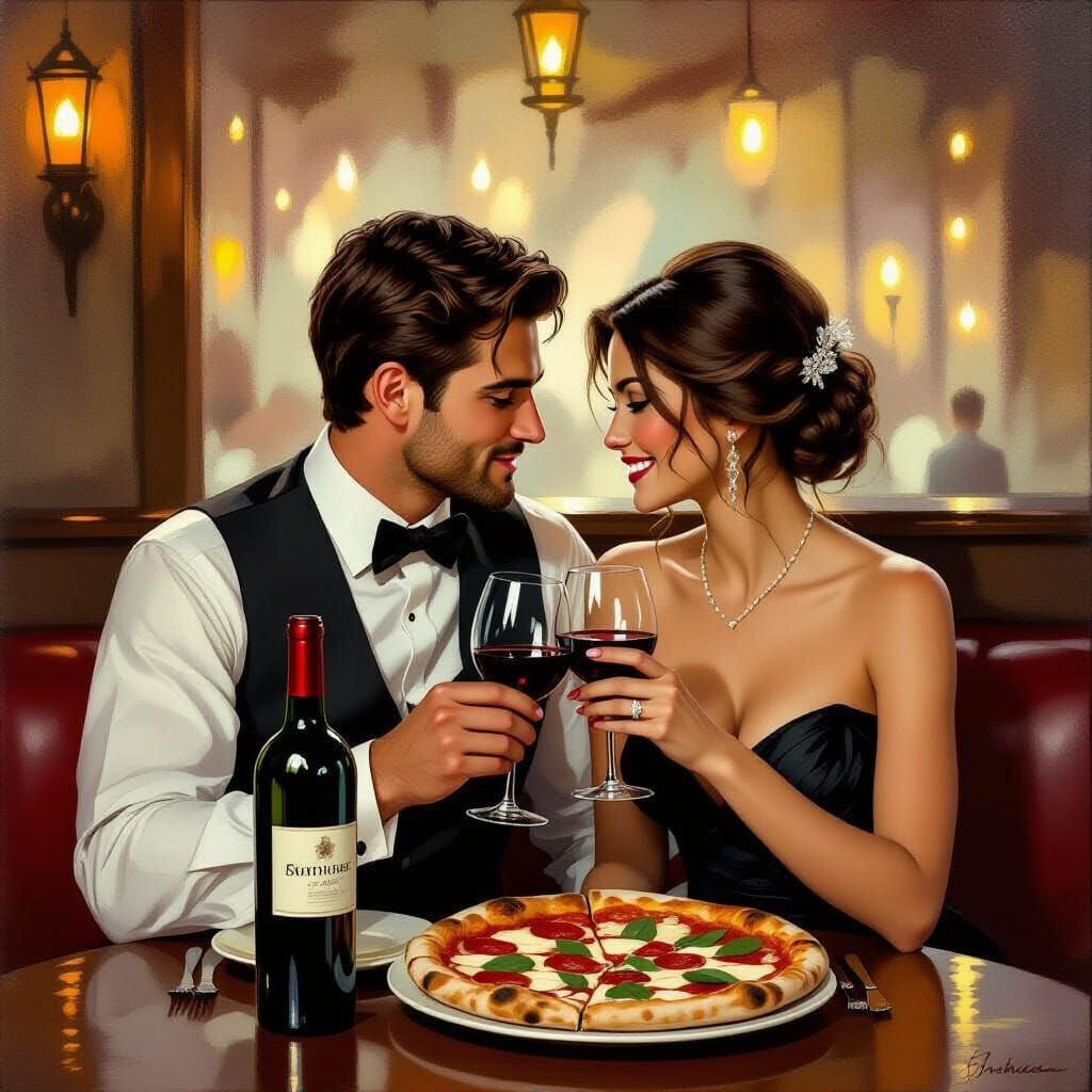 Romantic Couple's Intimate Dinner at Cozy Pizza Restaurant