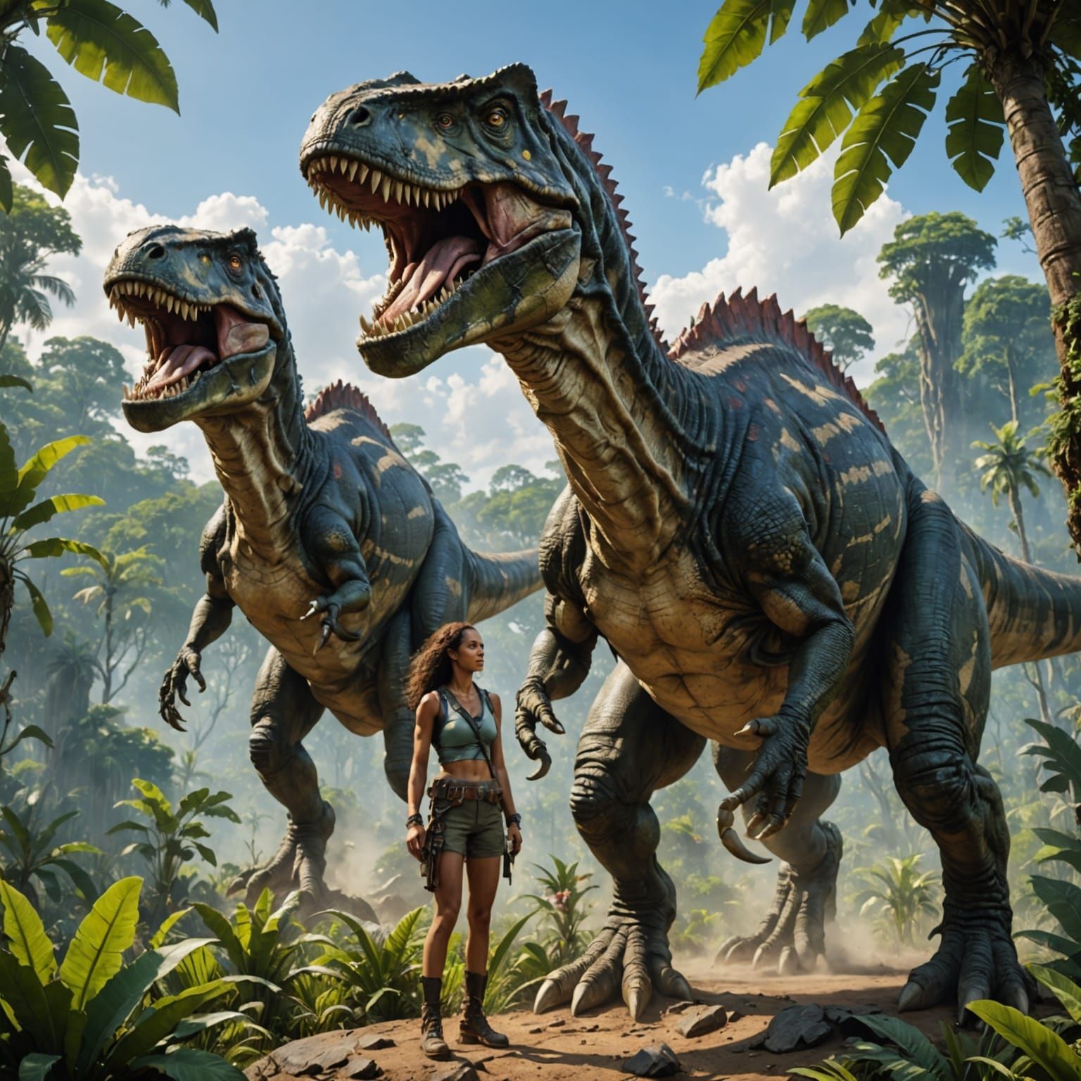 Amazon Woman Rides Tyrannosaurus Rex in Jurassic Jungle