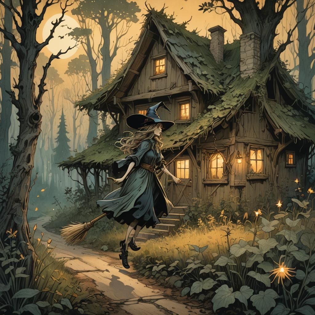 Enchanted Witch Rides Broom in Mystical Forest