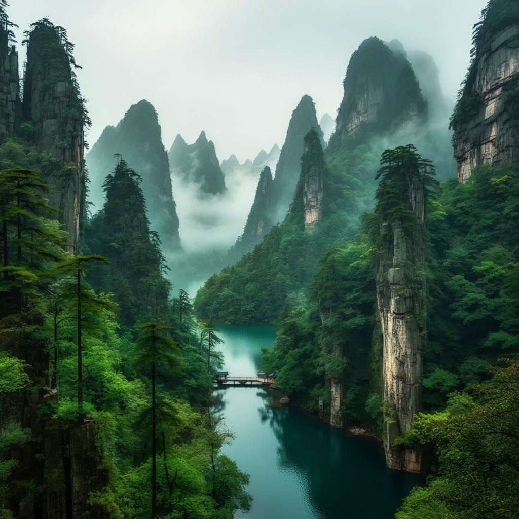 Misty Chinese Mountainscape in Watercolor Style