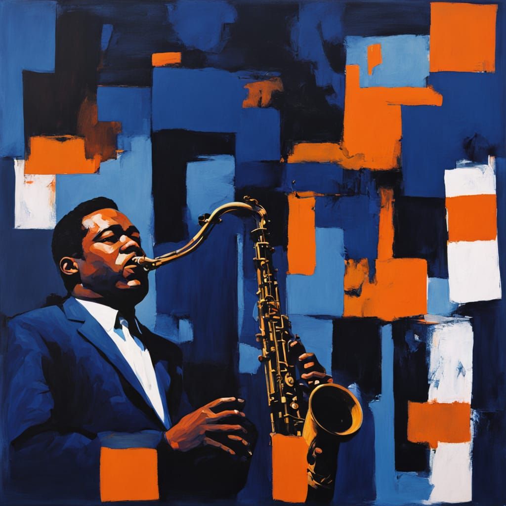 moody jazz-inspired art in the style of John Coltrane and Mi...