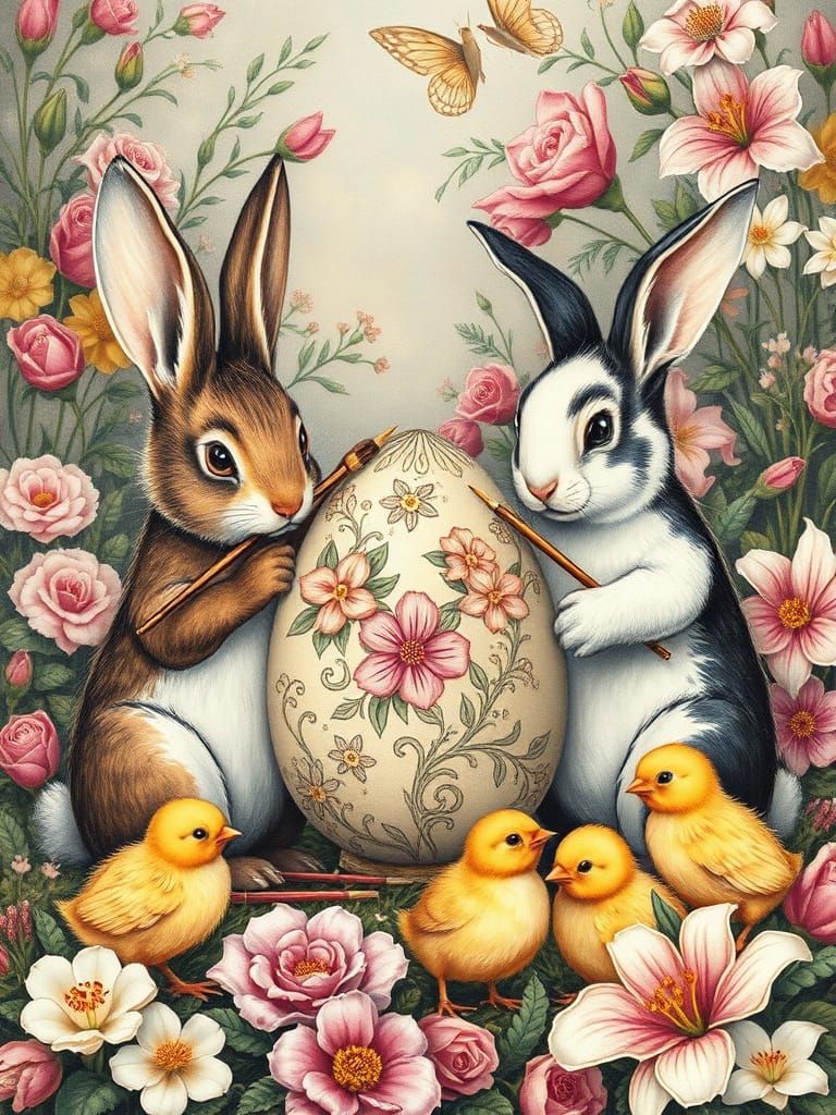 Easter Bunnies Painting Eggs in Whimsical Garden