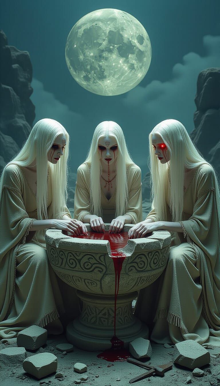 Grotesque Sisters Under the Moon in Dark Cinematic Style