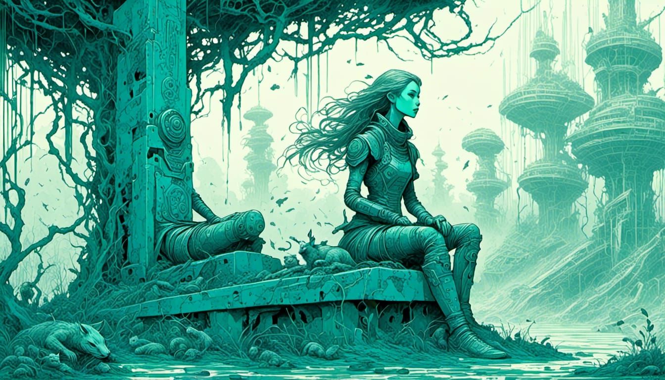 Corroded-Biomechanical Woman in Overgrown Arena