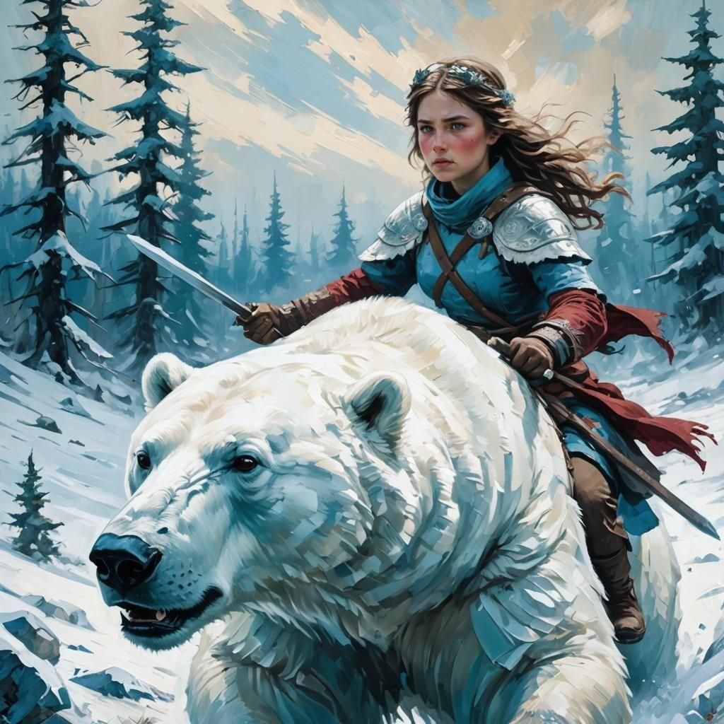 Fierce Bandit Girl on Polar Bear: Impasto Oil Painting