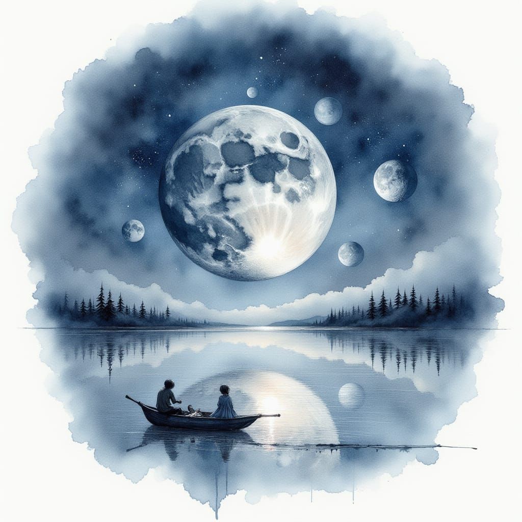 Watercolor Moon Phases in Digital Painting Style