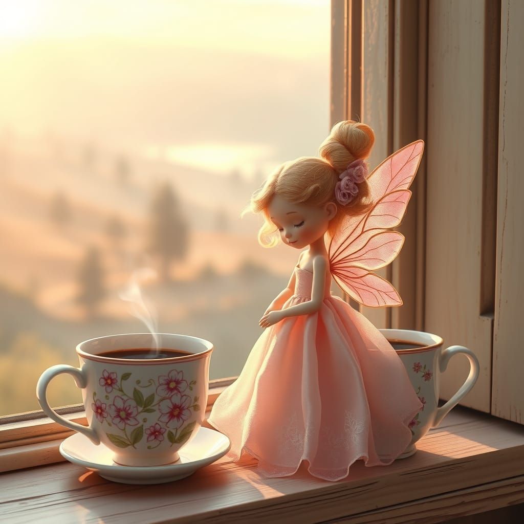 Chibi Fairy in Dawn Light with Coffee