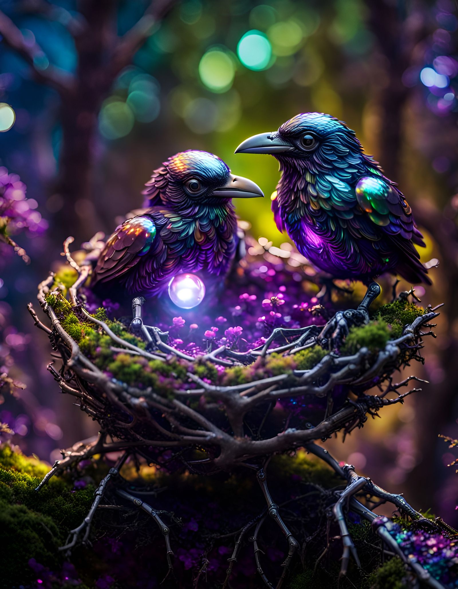 Iridescent Robot Ravens in Jeweled Bird Nest