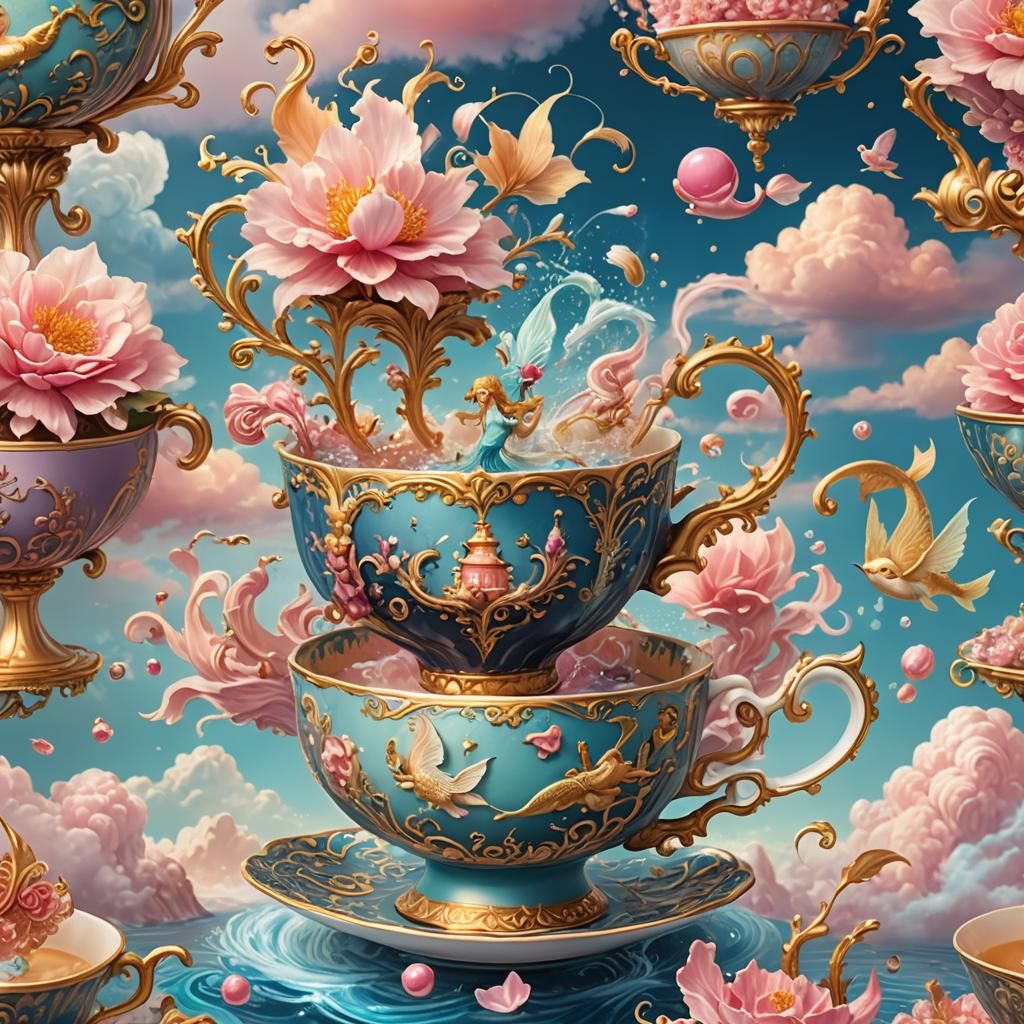Whimsical Fantasy Teacup with Pegasi and Mermaids