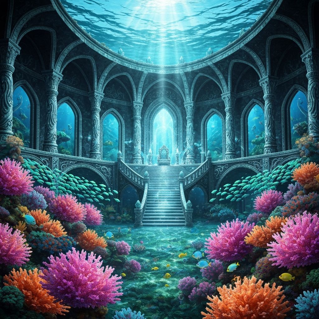 Golden Underwater Palace with Merfolk, Soft Focus