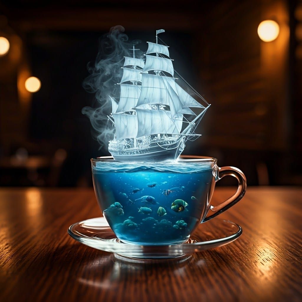 Ghostly Pirate Ship in Teacup, Hyperrealistic Digital Art