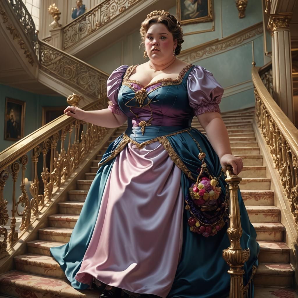 Obese Maid Dusting Grand Staircase in Soft Pastel Hues