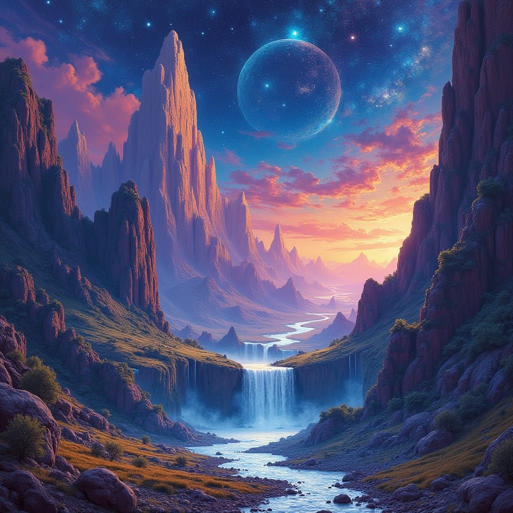 Surreal Dreamlike Scene with Iridescent Mountains and Starry...