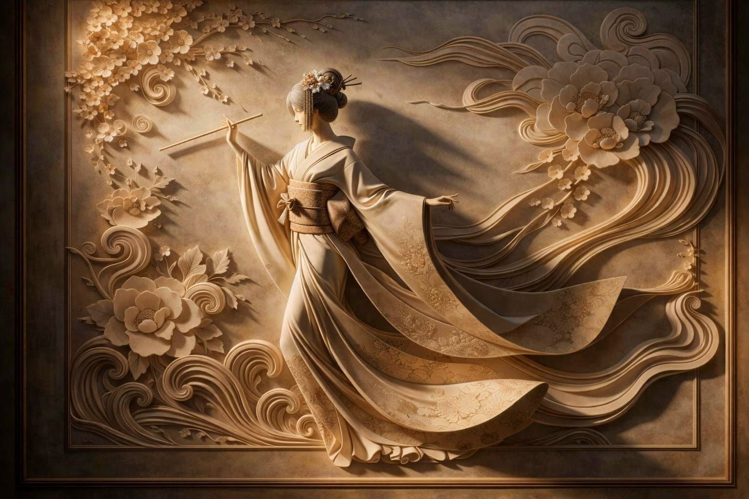 Fine Art Painting of Lady in Elegant Kimono