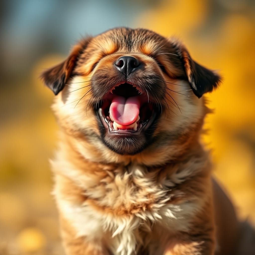 Chubby Puppy Yawns in Bokeh Sunlight
