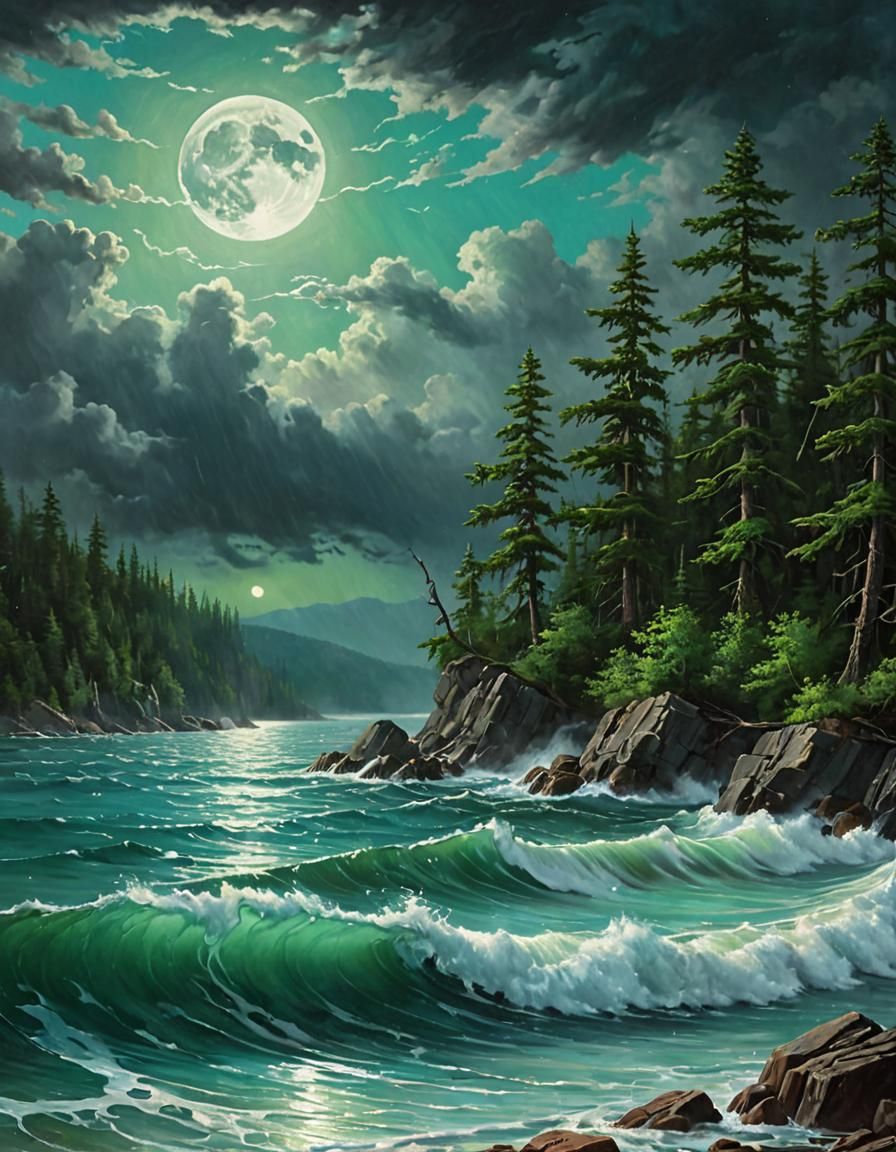 Stormy Seascape with Moonrise in Luminist Style