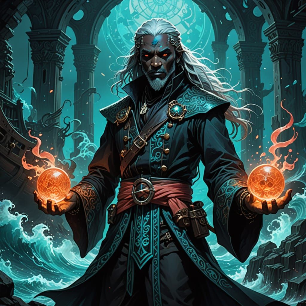 Drow Sorcerer Commands Pirate Ship in Dark Fantasy Illustrat...