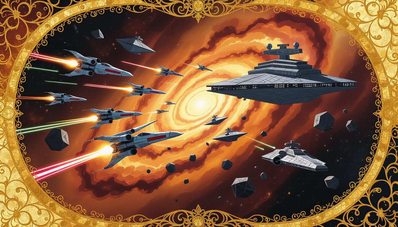 Space Battle in Opulent Klimt Style