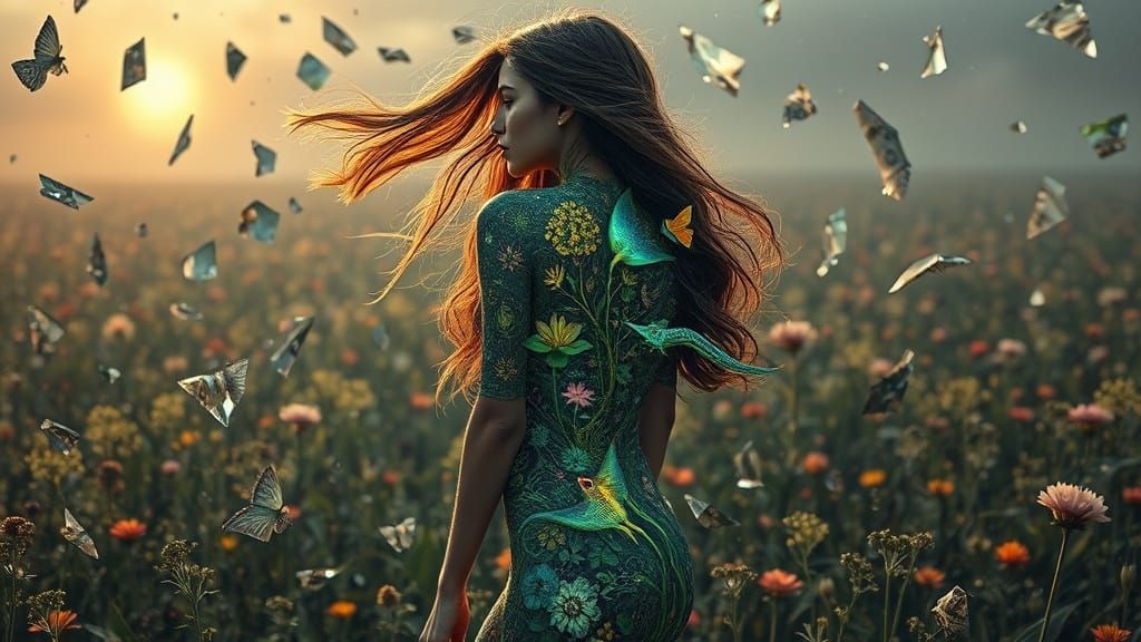 Surreal Woman in Shattered Mirror Dreamscape