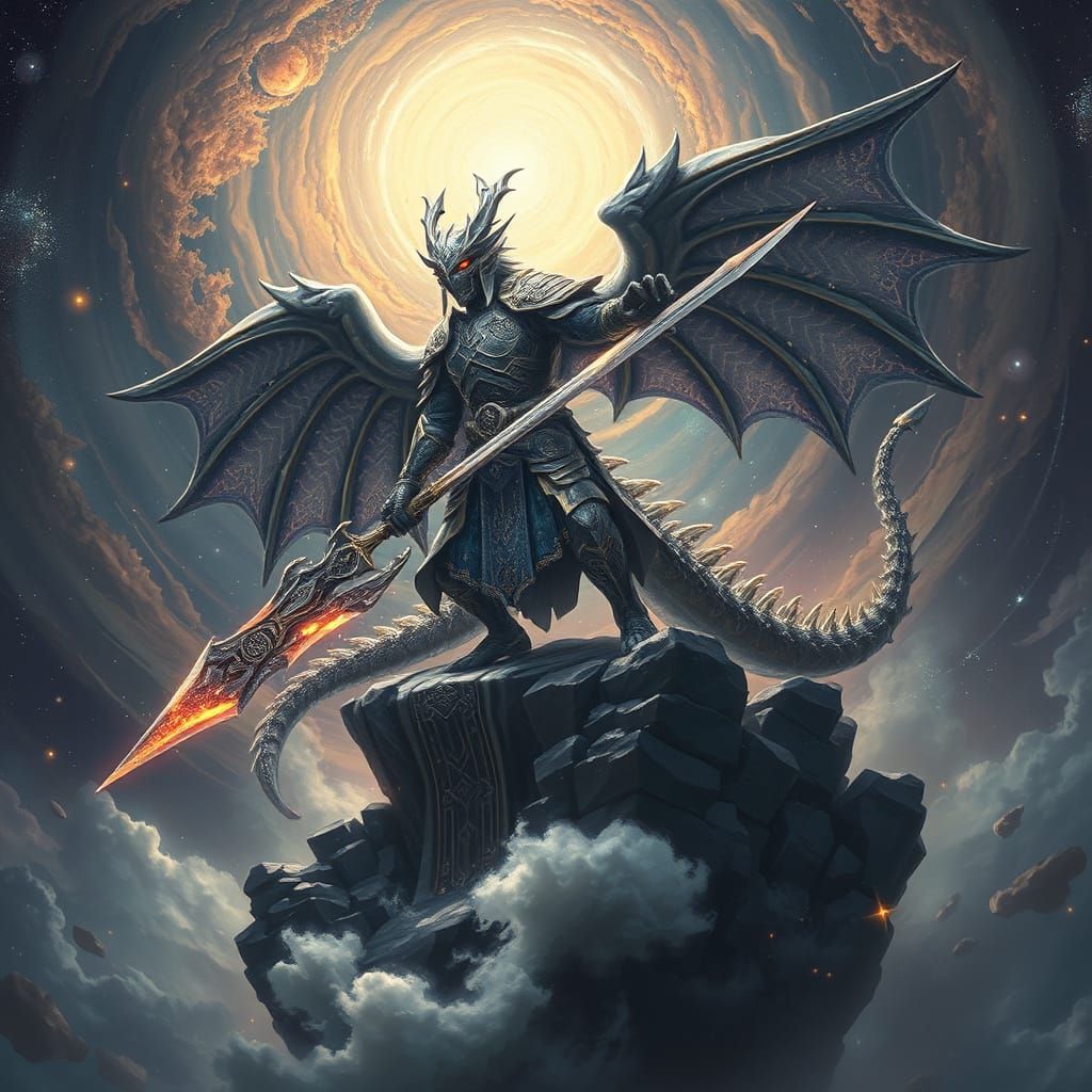 Ethereal Samurai Dragon Conquers the Cosmos in Radiant Armor