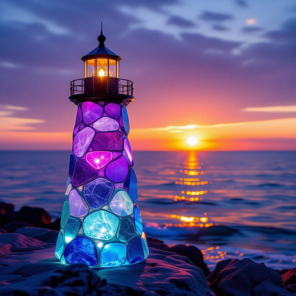 Luminescent Sea Glass Lighthouse at Sunset