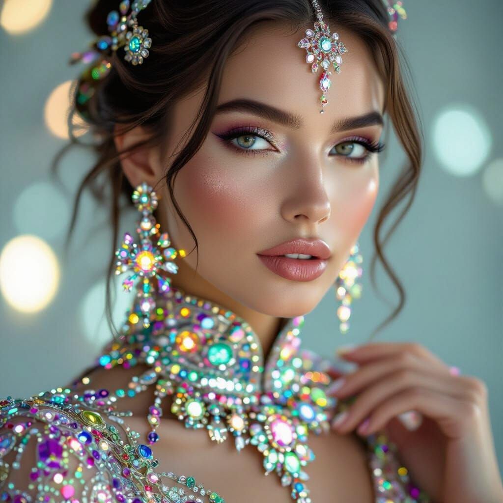Hyperrealistic Woman with Futuristic Jewelry and Outfit